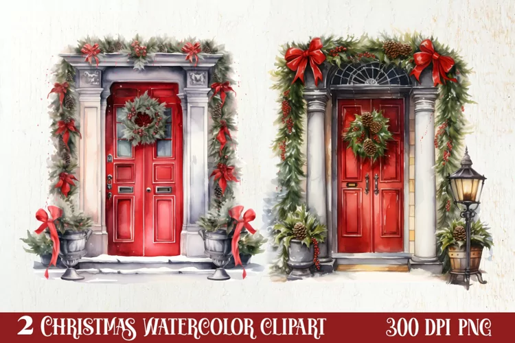 Christmas Door Watercolor Clipart, Christmas Door PNG