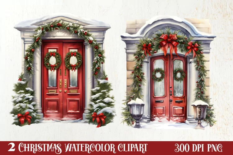 Christmas Door Watercolor Clipart, Christmas Door PNG