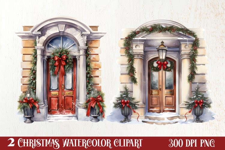 Christmas Door Watercolor Clipart, Christmas Door PNG