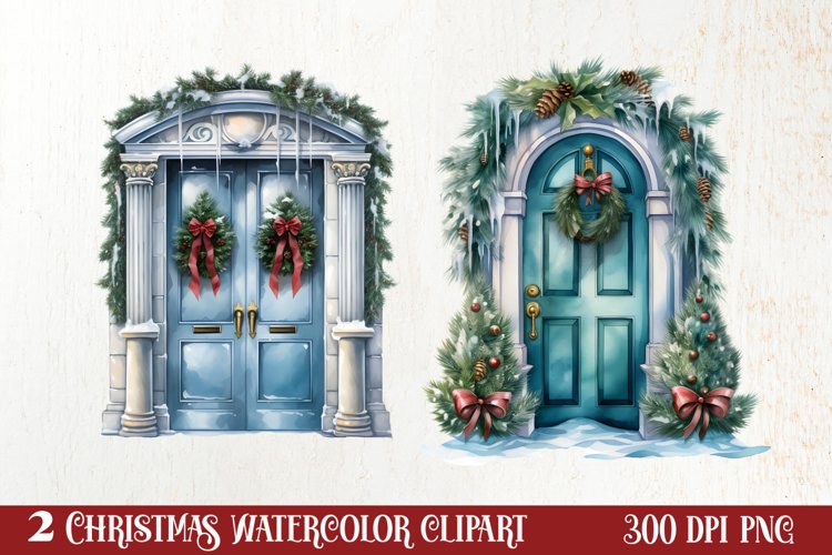 Christmas Door Watercolor Clipart, Christmas Door PNG