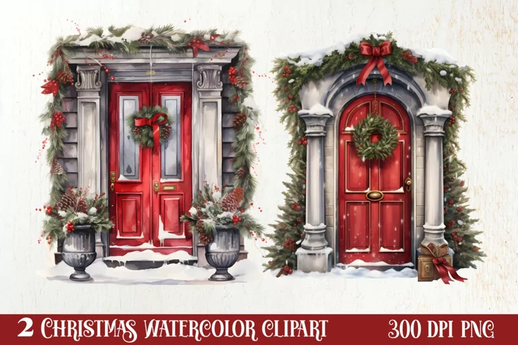 Christmas Door Watercolor Clipart, Christmas Door PNG