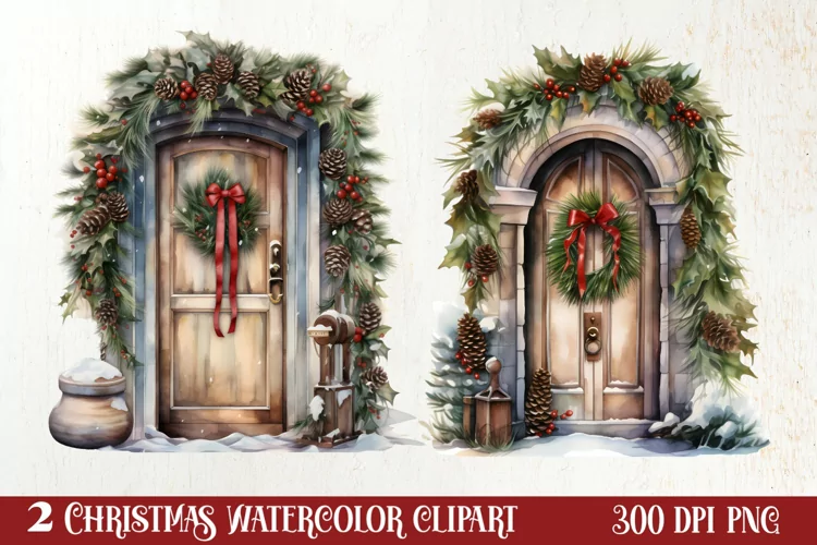Christmas Door Watercolor Clipart, Christmas Door PNG