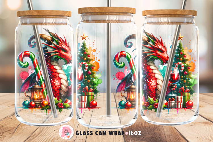 Christmas Dragon Glass 16 Oz Glass Can Wrap Png