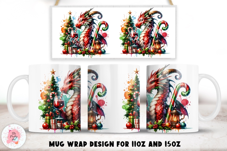 Christmas Dragon Mug Sublimation Wrap 11 oz and 15 oz