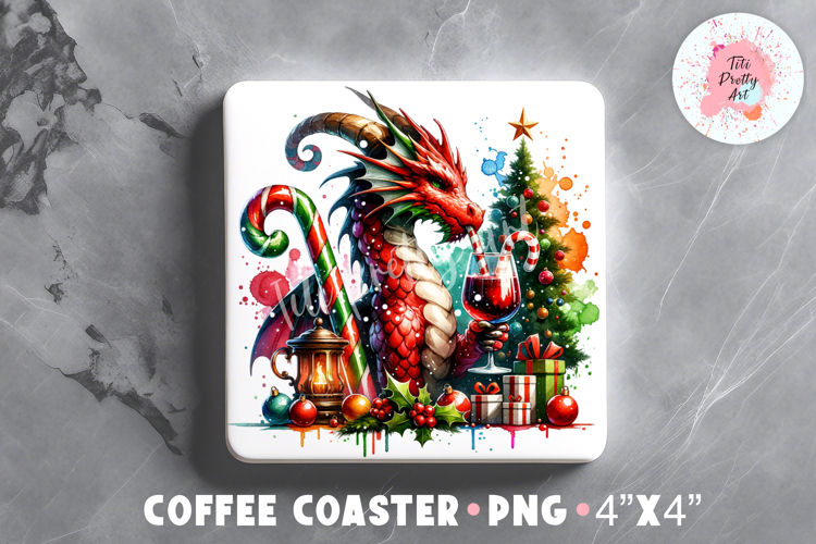 Christmas Dragon Square Coaster Sublimation Design Png