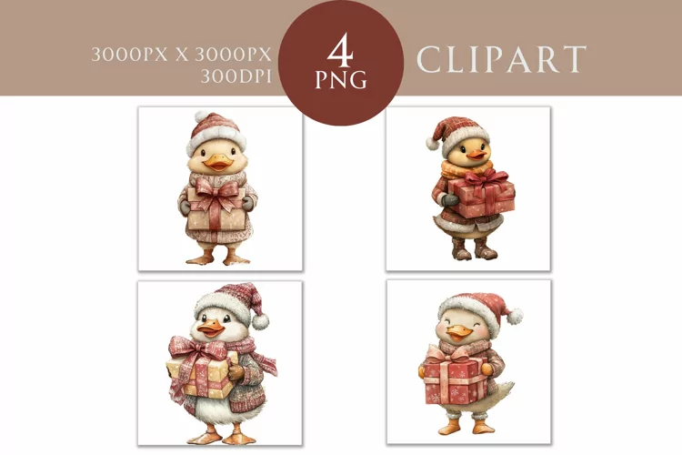 Christmas Duck Clipart - Festive Holiday Watercolor PNGs