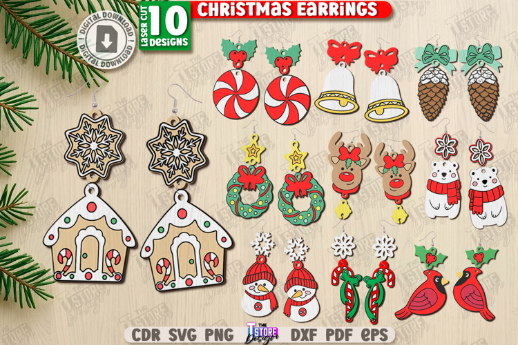 Christmas Drop Earrings Laser Cut Bundle | Pendant Earrings