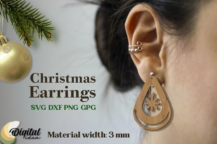 Christmas Earrings Laser Cut. XMas 3D Accessories Laser Cut