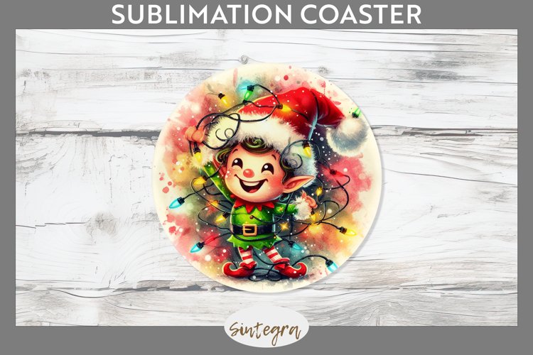 Christmas Elf v1 Entangled in Lights Round Coaster Sublimati