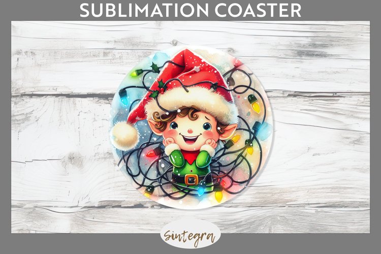 Christmas Elf v2 Entangled in Lights Round Coaster Sublimati example image 1