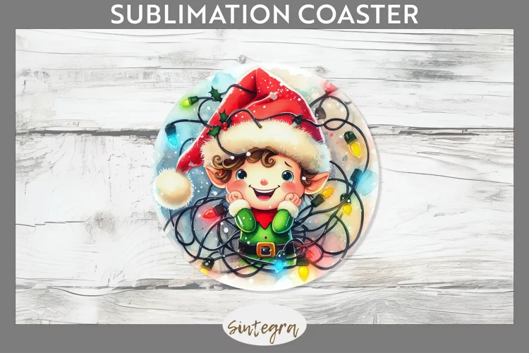 Christmas Elf v2 Entangled in Lights Round Coaster Sublimati