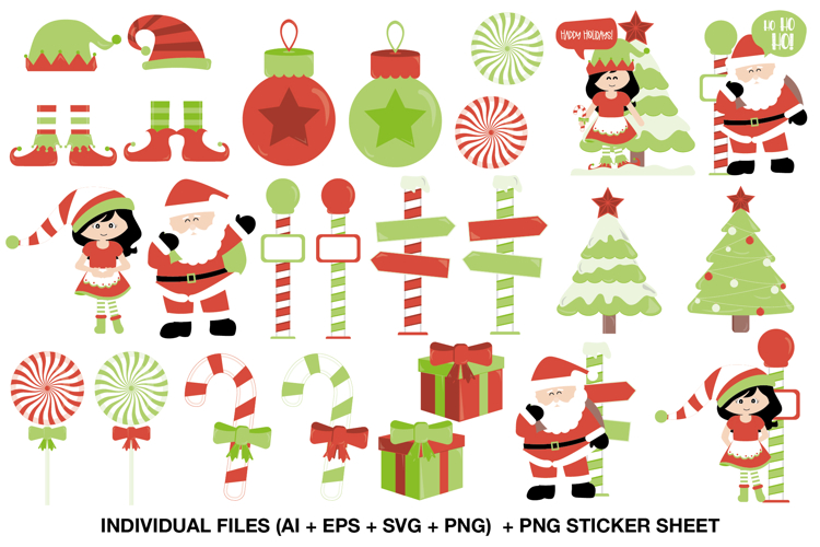 Full preview of Christmas Elf and Santa clipart set including Santa Claus, elves, candy canes, Christmas trees, and gifts.