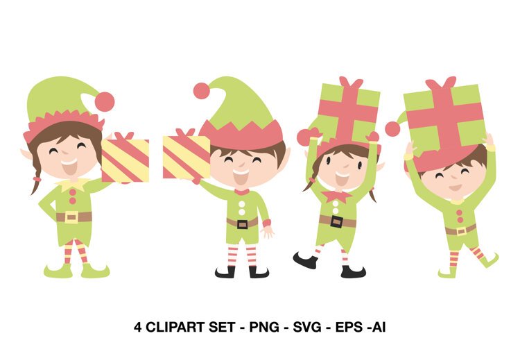 Cute Christmas girl elf holding a striped holiday gift