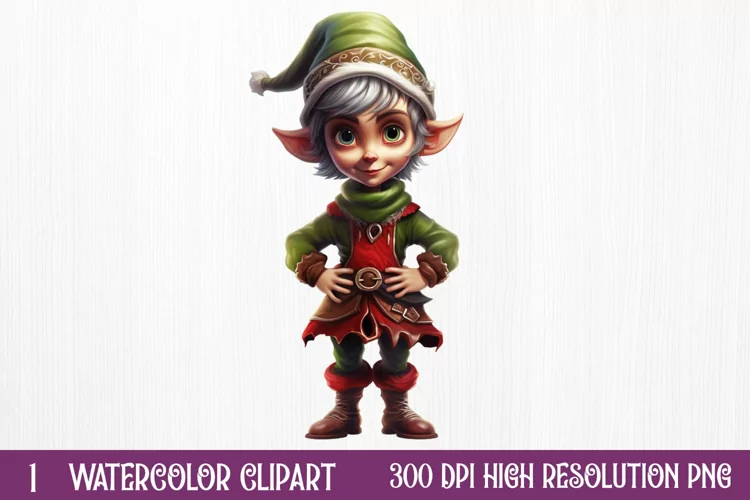 Christmas Elf Watercolor Clipart, Christmas PNG