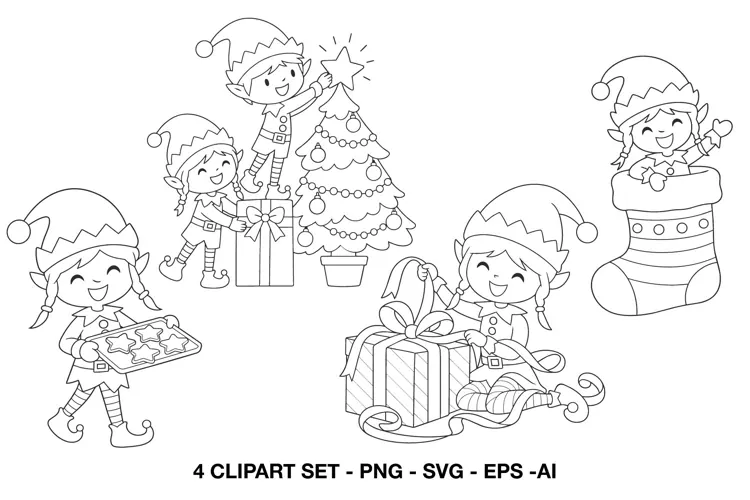Christmas Elf Coloring Clipart, Cute Holiday Activity Scenes