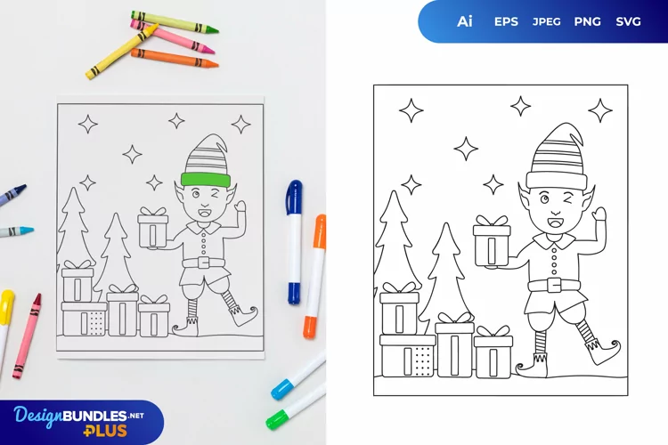 Christmas Elf Holding a Gift Box Coloring Page