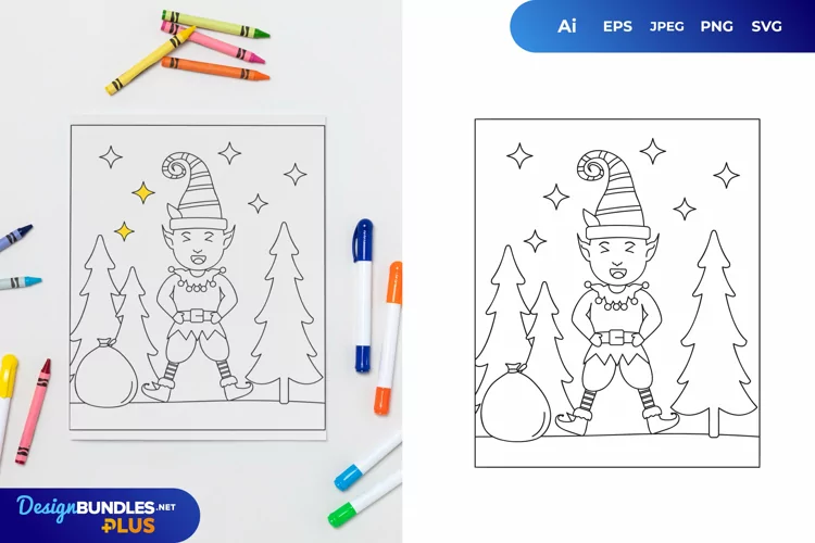 Christmas Elf with Tree Coloring Page
