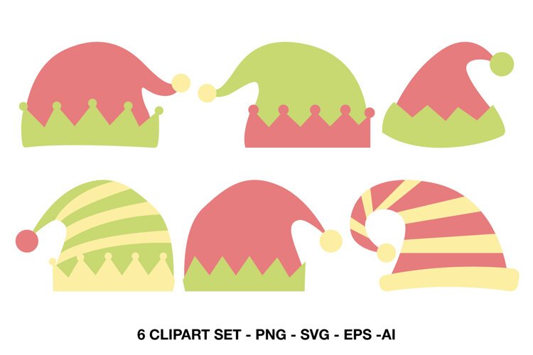 Cute Christmas elf hat illustrations in festive pink, green and yellow colors.