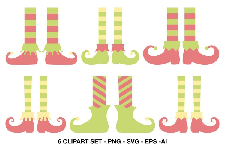 Cute Christmas elf legs with striped stockings and curled festive boots.