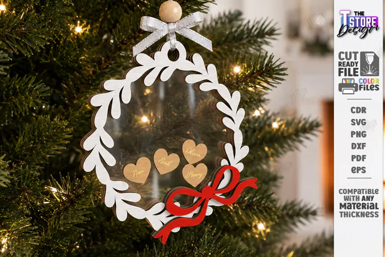 Personalized Christmas Family Ornament Laser Cut | Wreath