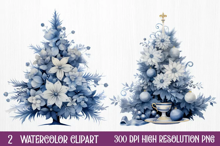 Blue Christmas Watercolor Clipart Sublimation