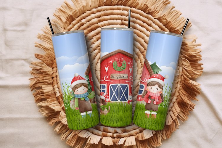 20oz Christmas Farm House Tumbler Winter Watercolor Wrap