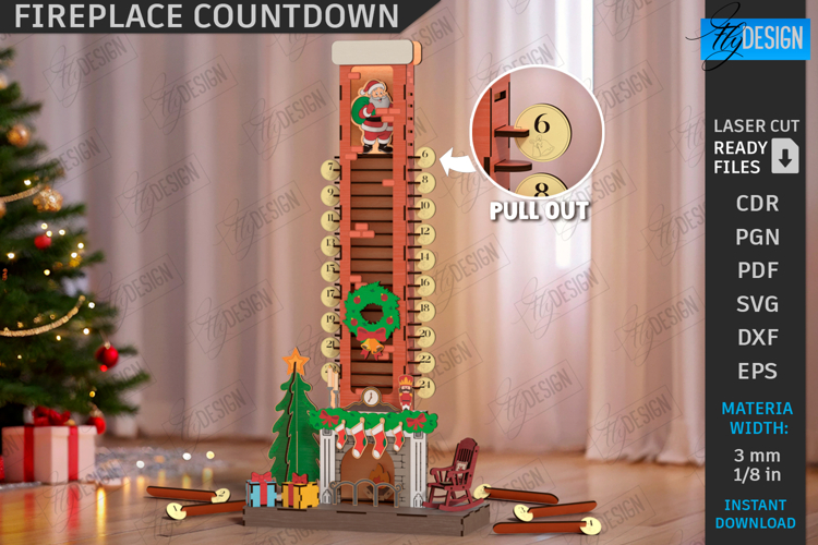 Christmas Fireplace Countdown Laser Cut, Advent Calendar SVG