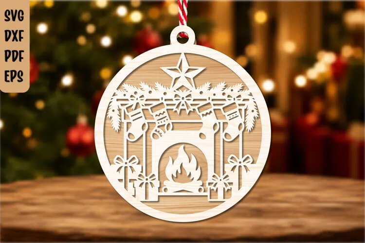 Christmas Fireplace Ornament Laser Cut SVG example image 1