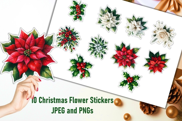 10 Christmas Flower Stickers JPEG and PNGs
