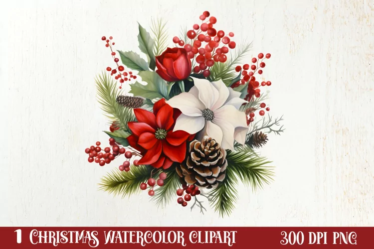 Christmas Flowers Watercolor Clipart, Christmas PNG
