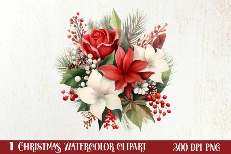 Christmas Flowers Watercolor Clipart, Christmas PNG