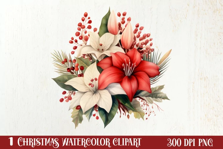 Christmas Flowers Watercolor Clipart, Christmas PNG