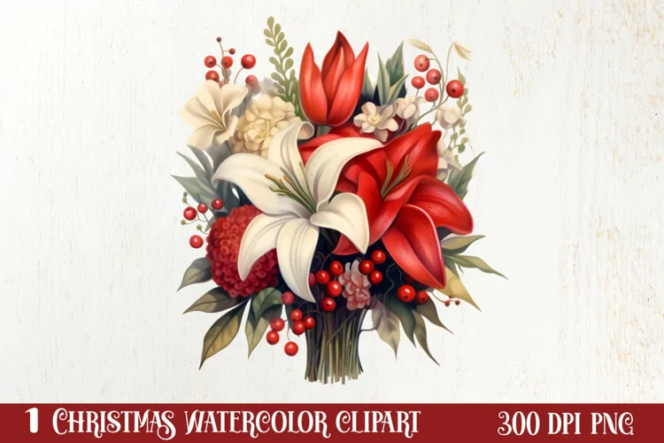 Christmas Flowers Watercolor Clipart, Christmas PNG