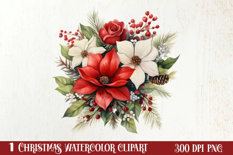 Christmas Flowers Watercolor Clipart, Christmas PNG