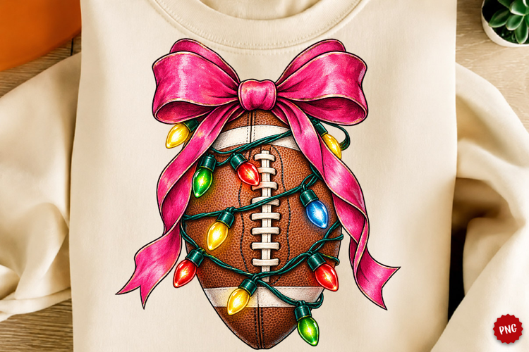 Christmas Football PNG, Pink Bow and Holiday Lights Game Day