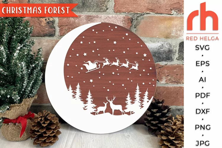 Christmas Forest SVG, Winter Sign Cut File, Xmas Moon DXF
