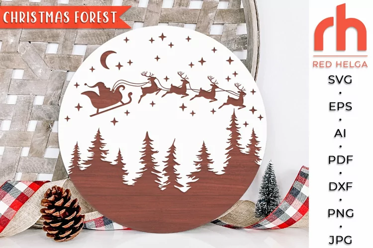 Christmas Forest SVG, Round Winter Scene Cut File, Xmas DXF