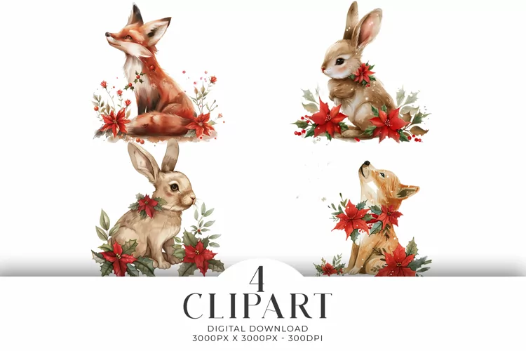 Christmas Fox and Rabbit Clipart Illustrations Watercolor