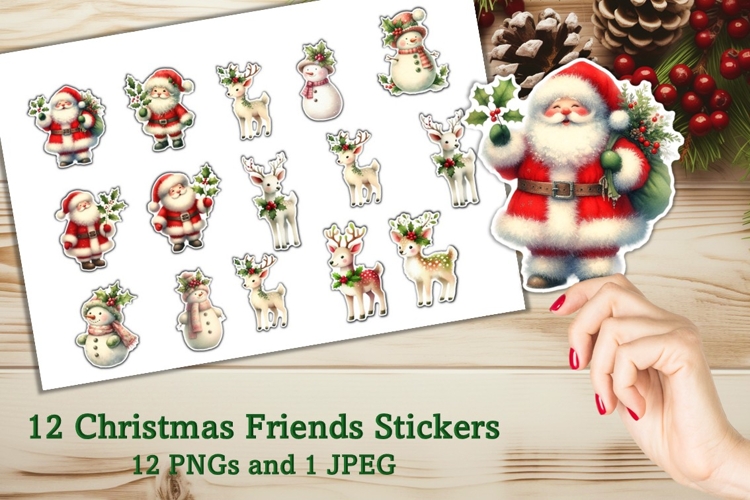 12 Christmas Friends Stickers JPEG and PNGs