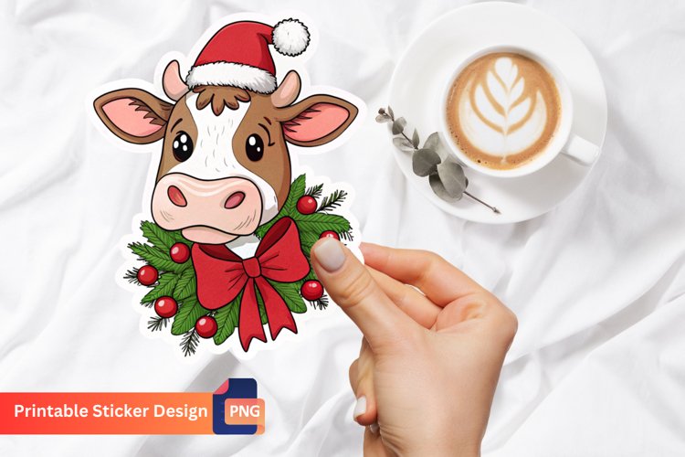 Christmas Funny Cow Sticker, Cow Christmas Art example image 1