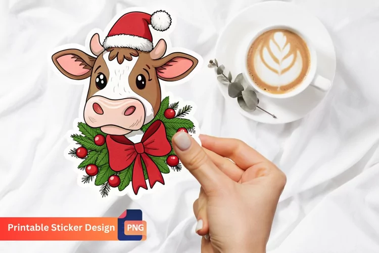 Christmas Funny Cow Sticker, Cow Christmas Art