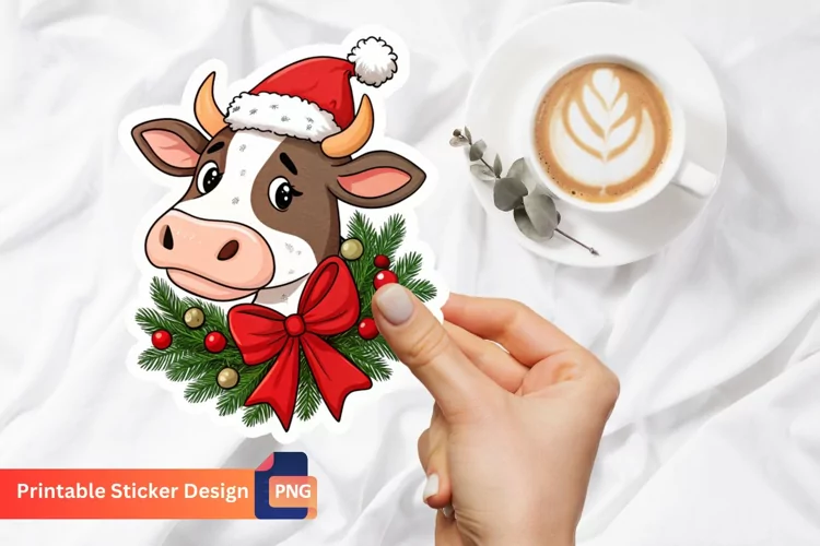 Christmas Funny Cow Sticker, Cow Christmas Art