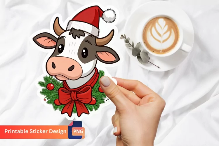 Christmas Funny Cow Sticker, Cow Christmas Art