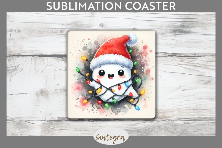 Christmas Ghost v1 Entangled in Lights Square Coaster png