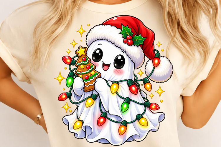 Christmas Ghost PNG, Santa Hat Holiday Lights Sublimation