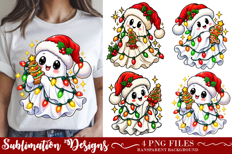 Trendy Christmas Ghost PNG, Santa Hat Holiday Lights Png