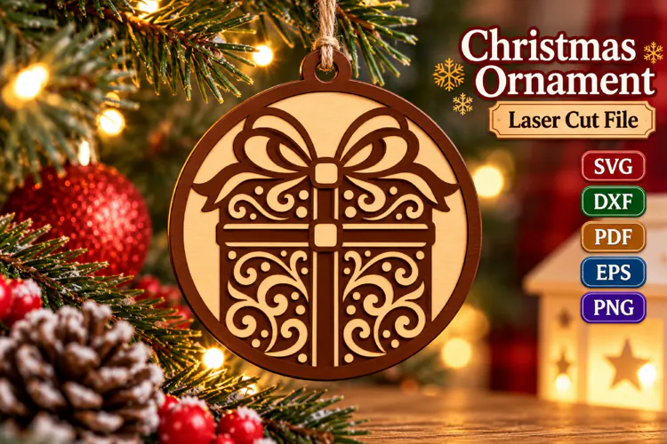 Christmas Gift Box Ornament SVG File, Laser Cut Glowforge