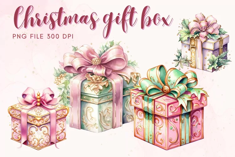 Vintage Gift Box Christmas Watercolor xmas Decorate Clipart
