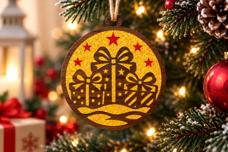 Christmas Gift Gold Glitter Layered Ornament SVG