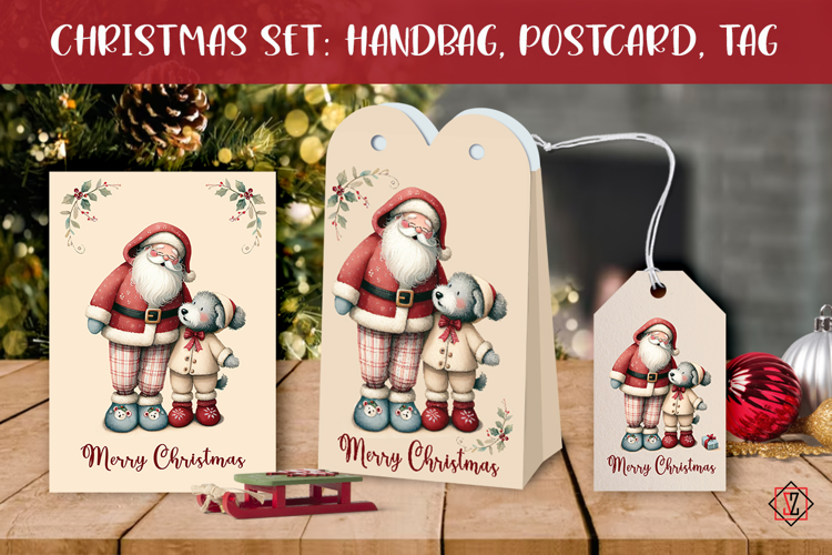 Christmas gift set. Tags, card, and gift bag